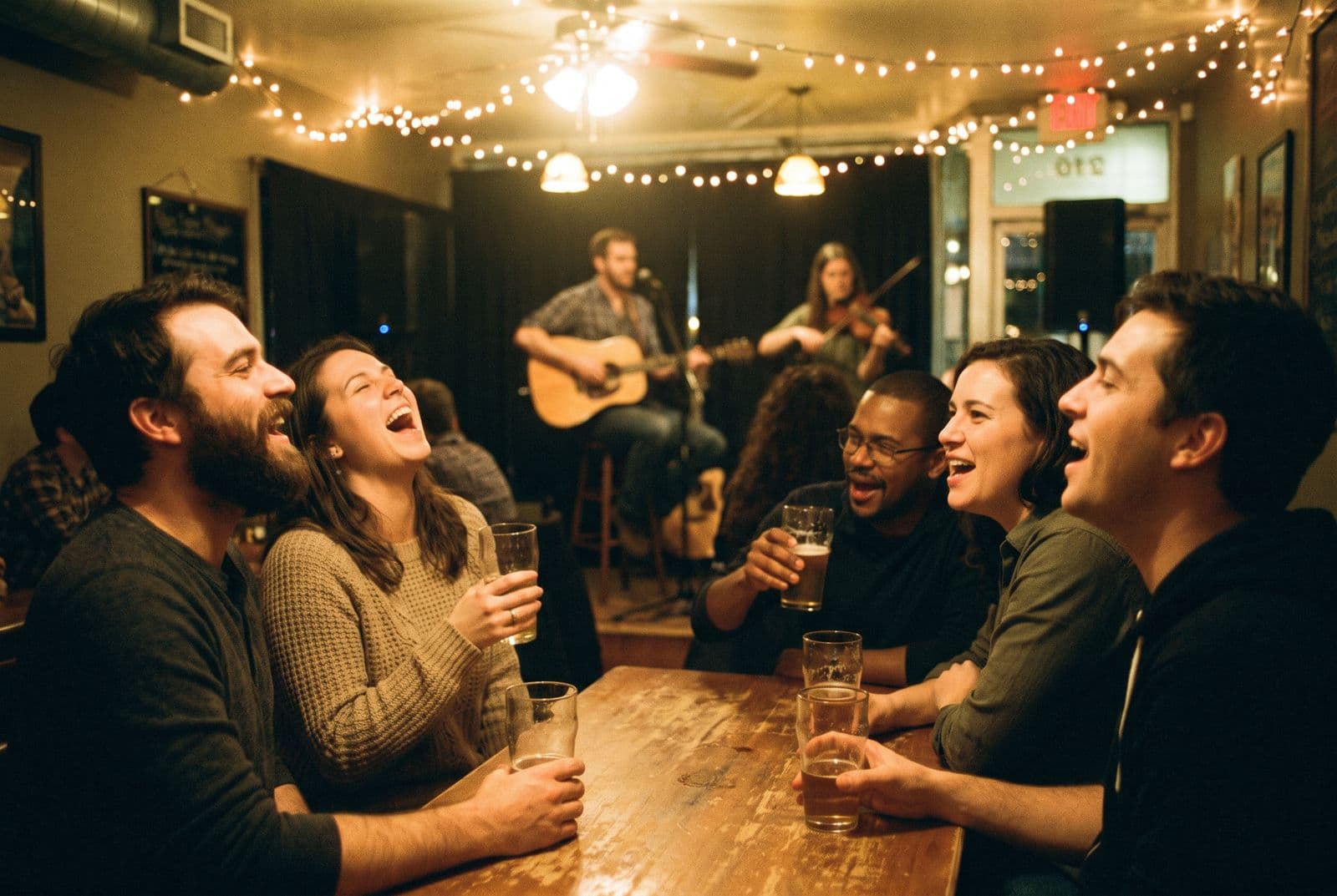 Friends laugh and sing along at a taproom table while an acoustic duo plays behind them.