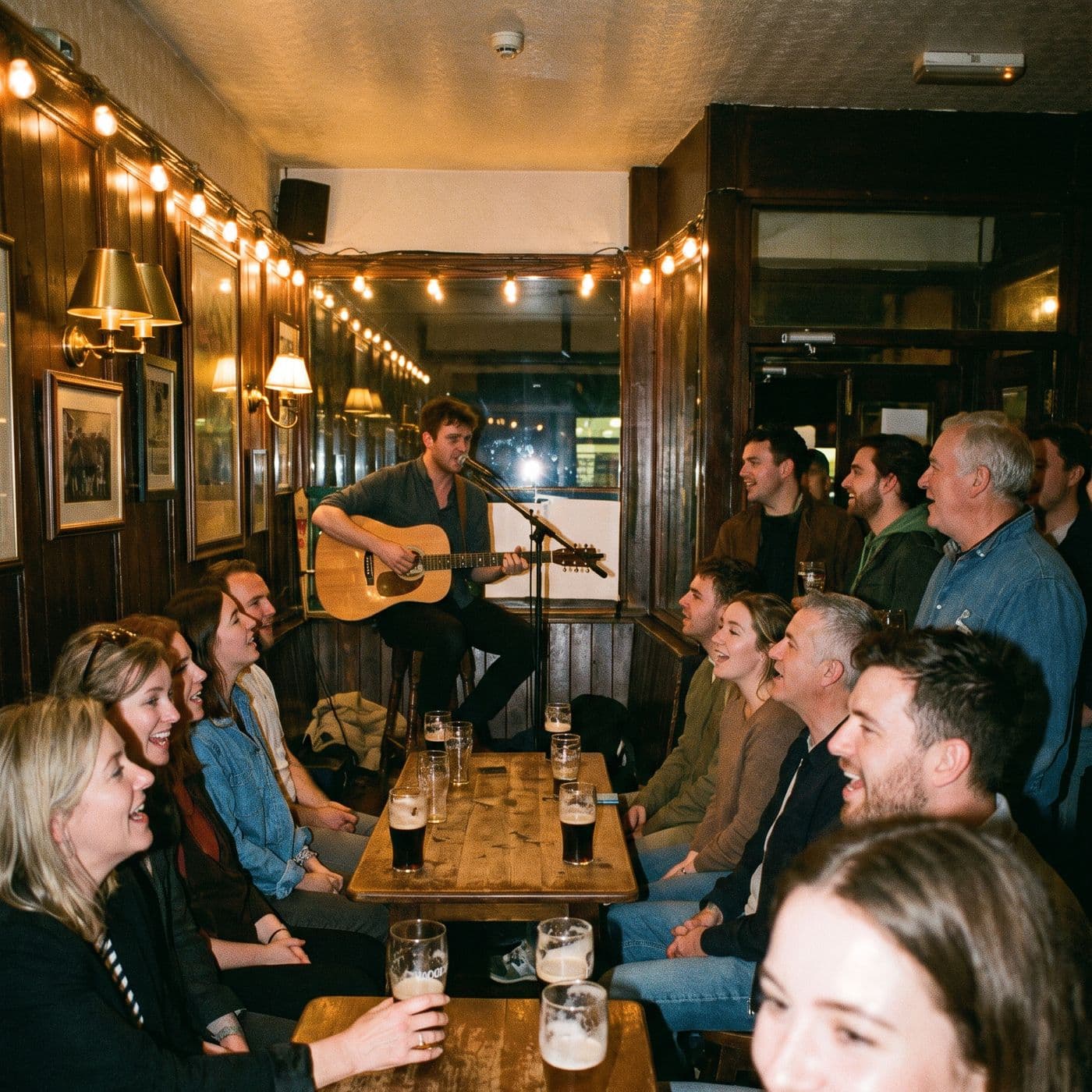 A singer-guitarist plays in the corner of a small pub while the crowd at the tables sings along.